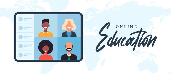Worldwide online education, e-learning, online course concept or home school vector illustration. students on tablet screen, distance learning, new normal, cartoon vector flat illustration