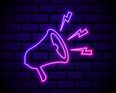 Latest news neon light announcement poster template . Megaphone icon isolated on dark brick wall background