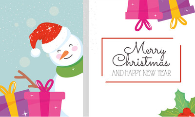 merry christmas snowman with gifts vector design