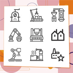 Simple set of 9 icons related to assembly line