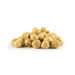 A handful of hazelnuts on a white background