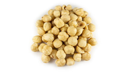 A handful of hazelnuts on a white background