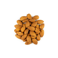 A handful of almonds on a white background