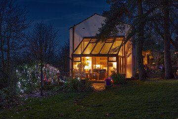 Conservatory with Christmas decorative lights at Yorkshire smallholding cottage