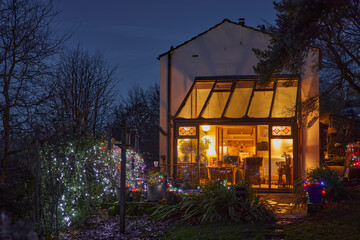 Conservatory with Christmas decorative lights at Yorkshire smallholding cottage
