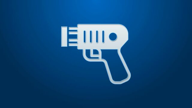 White line Police electric shocker icon isolated on blue background. Shocker for protection. Taser is an electric weapon. 4K Video motion graphic animation.