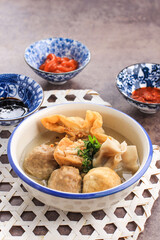 Bakso Malang is Meatball Typically from Malang, East Java Indonesia. Usually Served with Various Side Dish like Bakwan, Bakso Goreng, Tofu