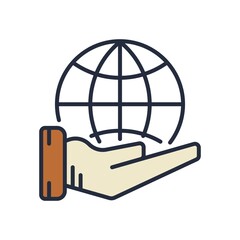 Hand holding Earth. Protecting planet sign icon. Vector illustration.
