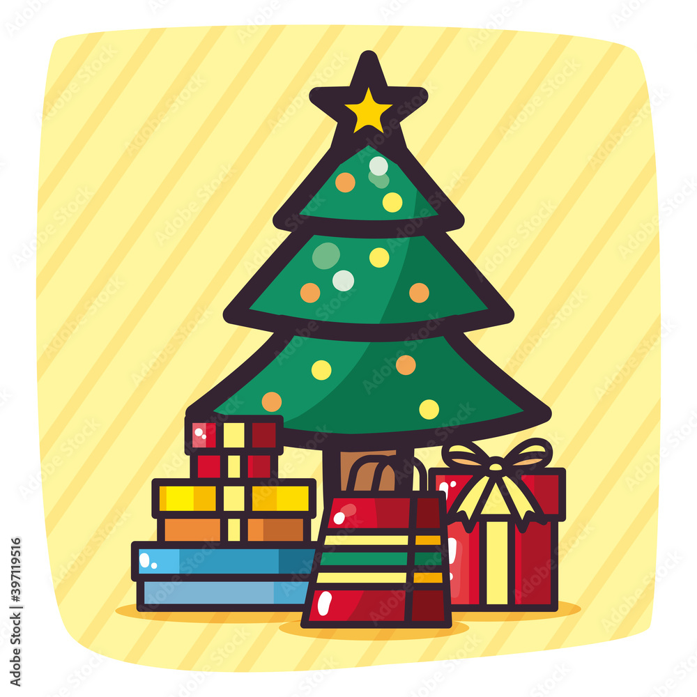 Wall mural merry christmas pine tree with gifts vector design