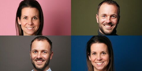 Two beautiful people in front of a colored background