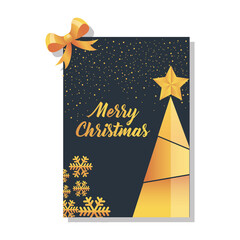 merry christmas gold pine tree and snow on card vector design