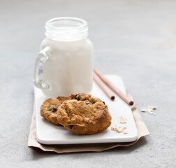 Multi cookies with dried cranberries and milk on a tray on a light gray background