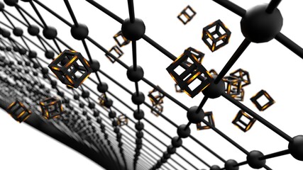 Orange illuminated Hot Iron Black Cube with Atom Plane Structure under White Background. Blockchain network technology concept illustration. 3D illustration. 3D CG. 3D high quality rendering. 