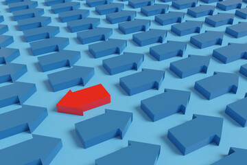 Red arrow pointing left alongside many other blue arrows pointing right. 3d illustration.
