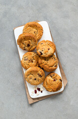 Vegan oatmeal cookies with dried cranberries on a tray on a light gray background top view