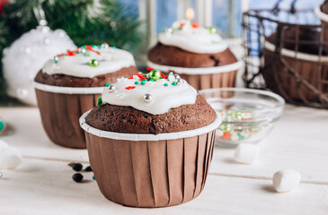 Chocolate Christmas cupcake with colored sugar topping