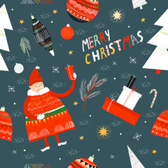 Christmas endless pattern for wrapper, design, print, etc. Flat vector seamless pattern with ornaments and Christmas attributes.