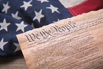 Copy of the US Constitution on a vintage American Flag - 397122996