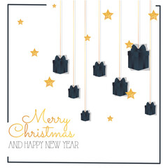 merry christmas gold gifts hanging and stars vector design