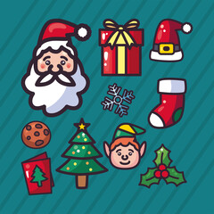 merry christmas santa and icon set vector design