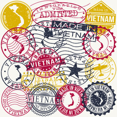 Vietnam Set of Stamps. Travel Passport Stamp. Made In Product. Design Seals Old Style Insignia. Icon Clip Art Vector.