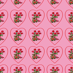 Valentine's day seamless pattern.  Valentine's bear with heart and red roses on a pink background. Vector seamless festive background