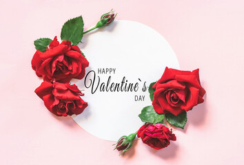 Valentine's Day greeting card with red roses on white background with text