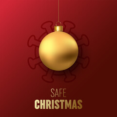 Merry and safe Christmas. Red xmas ball and Quarantine coronavirus danger. Coronavirus Covid-19 and christmas or new year canceled concept. Vector illustration