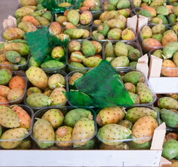 Prickly pears exhibited for sale in boxes during a street market in Sicily