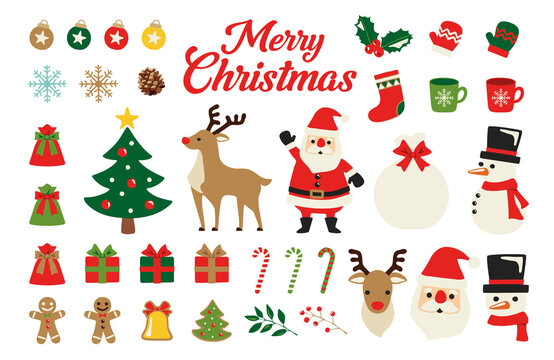 Christmas collection of seasonal elements with Santa and snowman, hand drawn items, vector design
