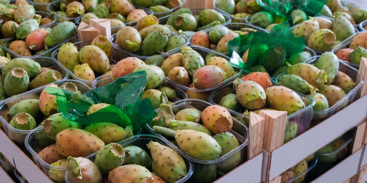 Prickly pears exhibited for sale in boxes during a street market in Sicily