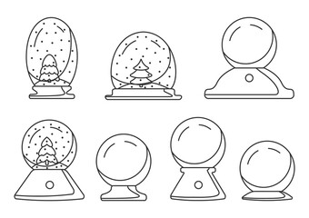 Xmas snow globe with fir-tree, outline icons set. Christmas winter present. Magic gift souvenir ball. Translucent snow sphere traditional symbol New year holiday. Isolated on white vector illustration