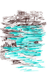 Sea by the coast, graphic color drawing, travel sketch