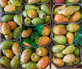 Prickly pears exhibited for sale in boxes during a street market in Sicily