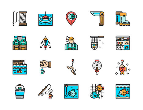 Set of Fishing Flat Color Line Icons. Jackknife, Tackle Box, Aquarium and more.