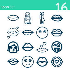 Simple set of 16 icons related to kisses