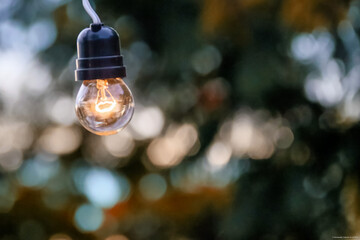 A incandescent light bulb on in the late afternoon. Incandescent lamp or incandescent light globe....