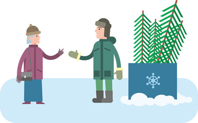 A man sells Christmas trees for the celebration of Christmas and New Year. New Year's fair, sale of trees. Flat infographics. Vector illustration.