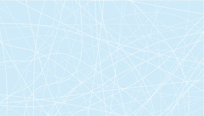 Geometry, abstract background. White stripes of different sizes are drawn in a chaotic direction on a light blue background. Skate tracks on the ice. Winter modern wallpaper.
