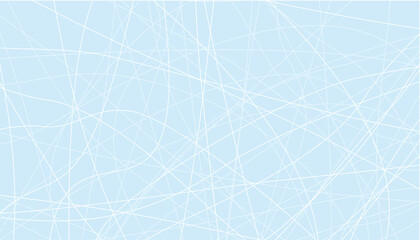 Geometry, abstract background. White stripes of different sizes are drawn in a chaotic direction on a light blue background. Skate tracks on the ice. Winter modern wallpaper.