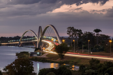 Night view of the bridge over the lake. JK Bridge. Brasília, the capital of Brazil. Golden hour....
