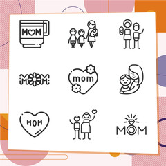 Simple set of 9 icons related to female parent