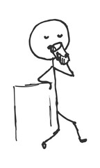 Hand-Drawn isolated stick figure leaning against a counter drinking from a glass