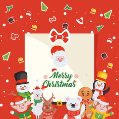 merry christmas card with santa and cartoons set vector design