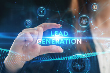 Business, Technology, Internet and network concept. Young businessman working on a virtual screen of the future and sees the inscription: Lead generation