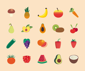 fruits and vegetables set of icons vector design