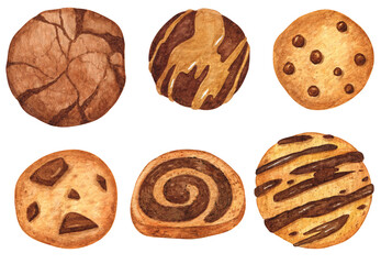 Set of the cookies with chocolate and caramel on white isolated background. Watercolor realistic hand-drawn elements. Nice collection for cafe design, bakeries, foodies, gifts, stickers and more. 