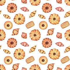 Seamless pattern with mini croissants and cookies on a white isolated background. Watercolor sweet illustration. Perfect for foodies, cafe design, stationery, dining decor and textile and more. 