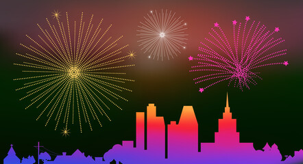 Big city silhouette and festive fireworks. Merry Christmas and happy New Year related flat style vector illustration.