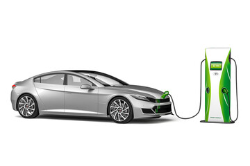 Eco Car Illustration. Generic Silver Electric Vehicle Being Charge By An Electric Vehicle Charging Station, Isolated Against White. 3d Rendering.